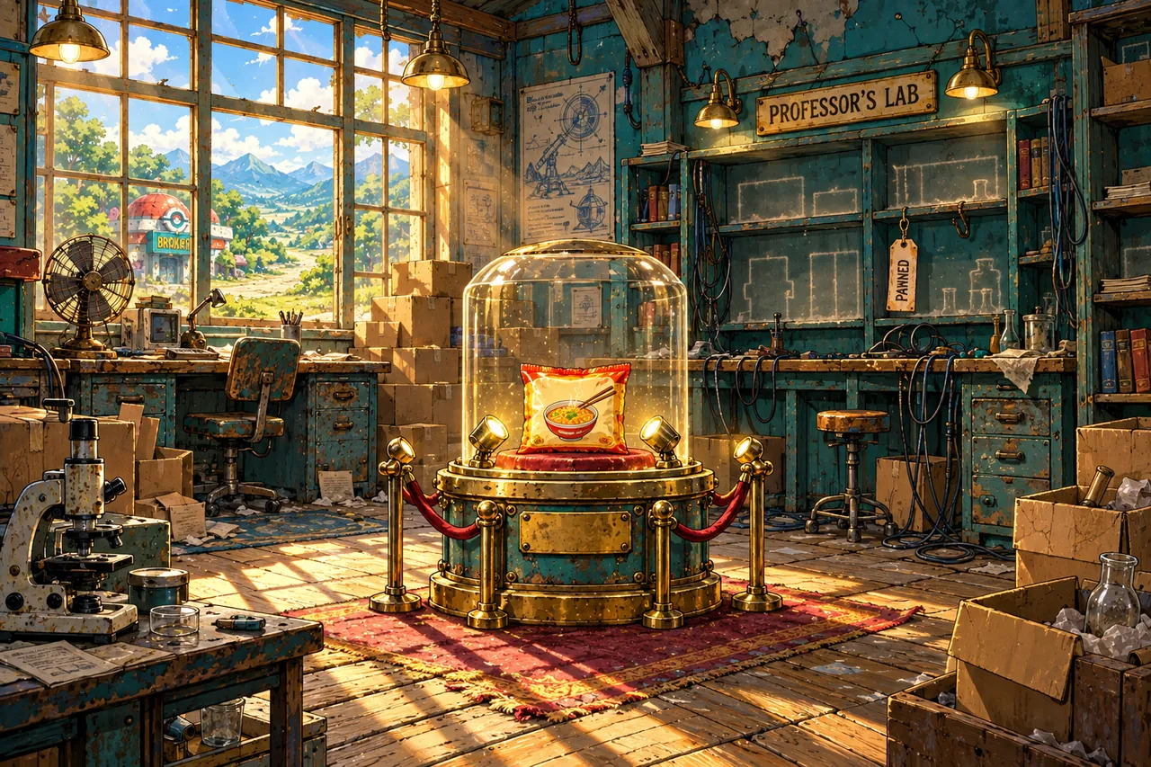 A dusty professor’s lab where a single pack of instant noodles sits under a glass dome with spotlights and a velvet rope