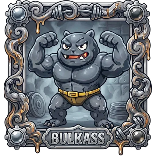 Bulkass, a grey bodybuilder critter flexing in chains