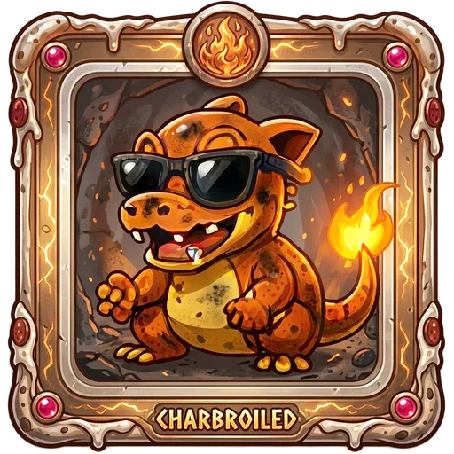 Charbroiled, an orange fire lizard in sunglasses