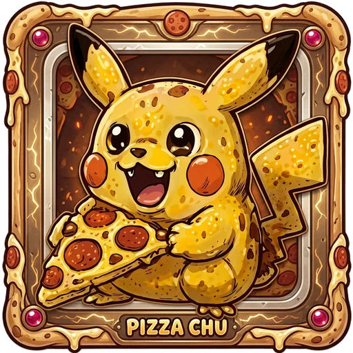 Pizzachu, a yellow electric critter hugging a slice of pizza