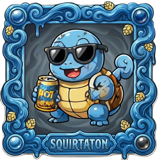 Squirtaton, a blue turtle in sunglasses holding an energy drink