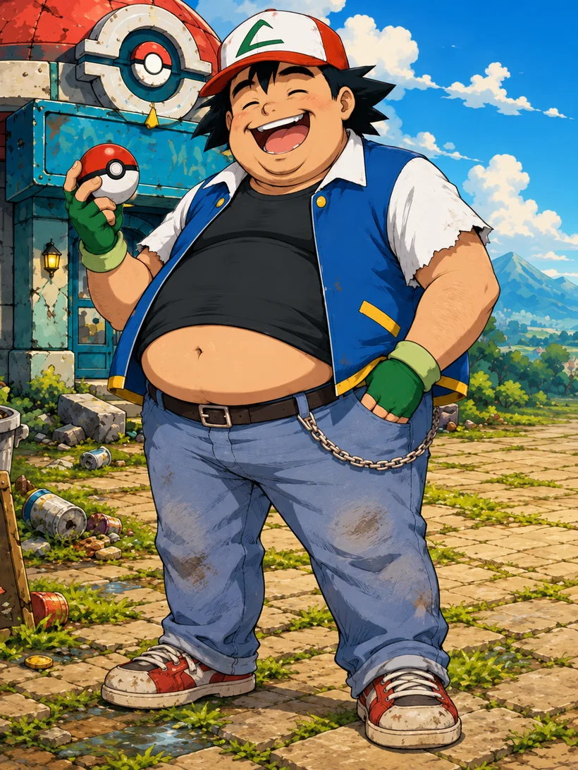 Cash, a cheerful broke trainer in a cap and vest, holding a Broke Ball outside the Broke Mart